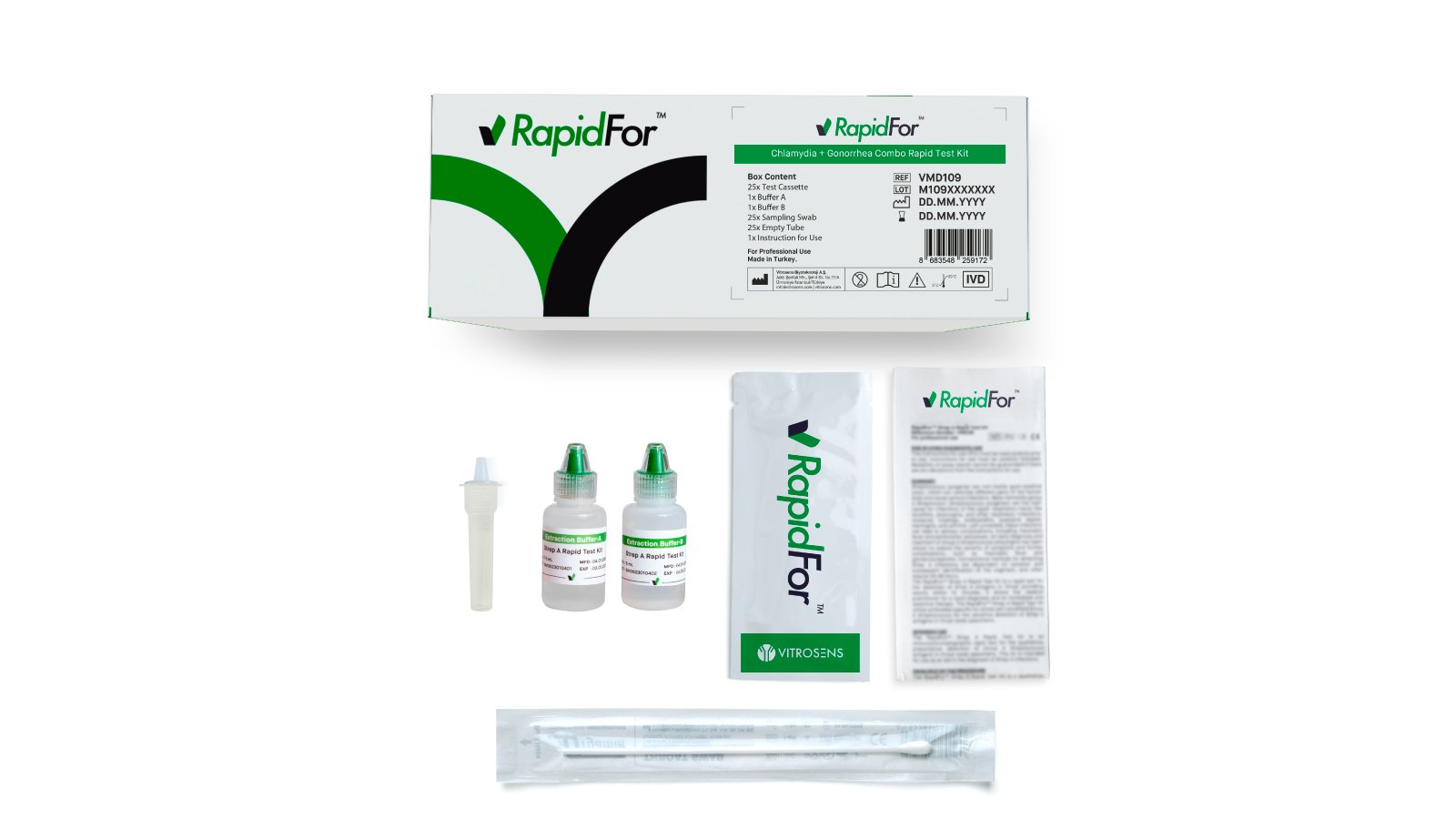 Figure 2: RapidFor Chlamydia + Gonorrhoea combo rapid test kit and its content