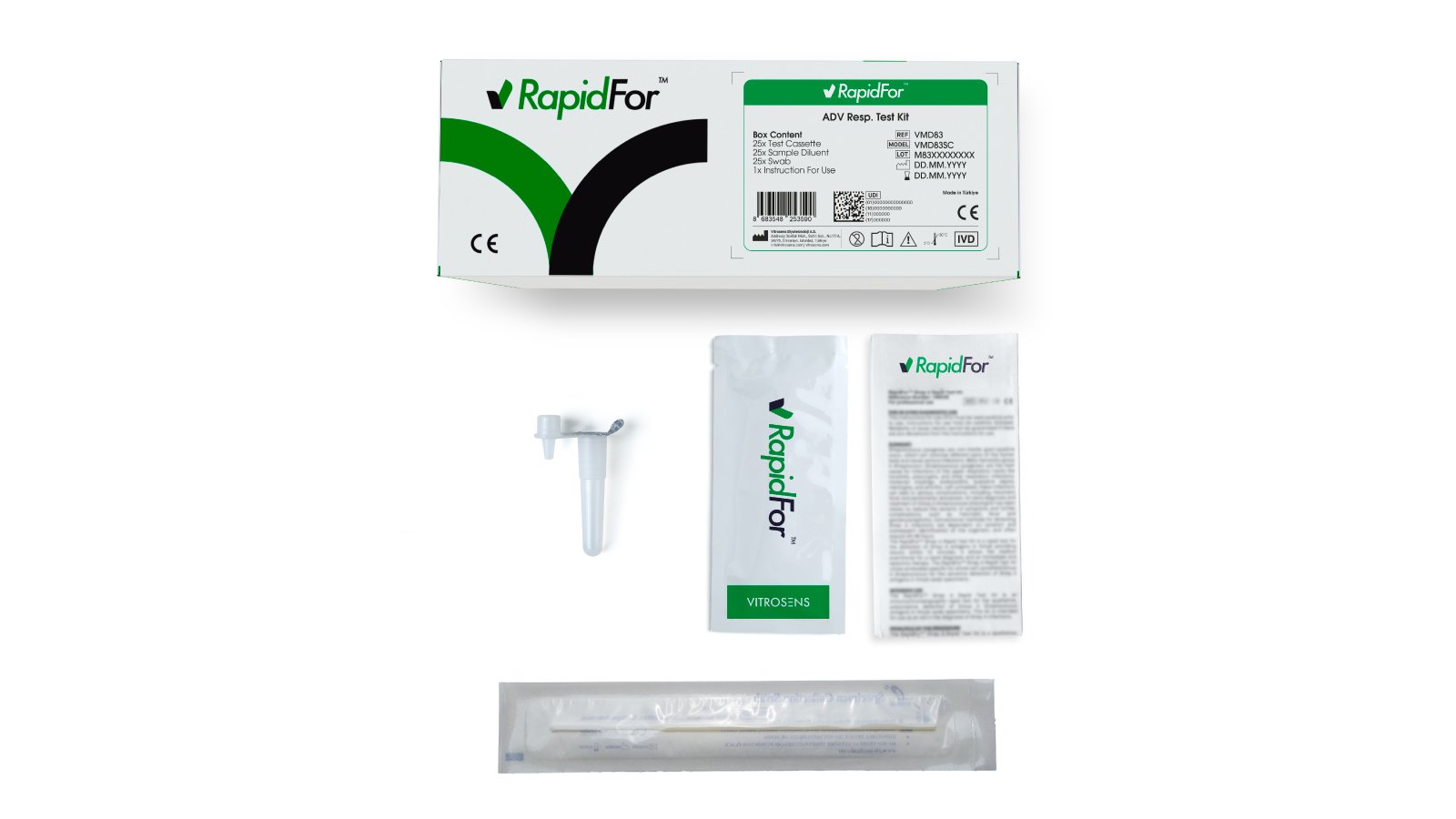 Figure 1. RapidFor™ Adenovirus Rapid Test Kit packaging and test cassette, optimized for ease of use in point-of-care environments.