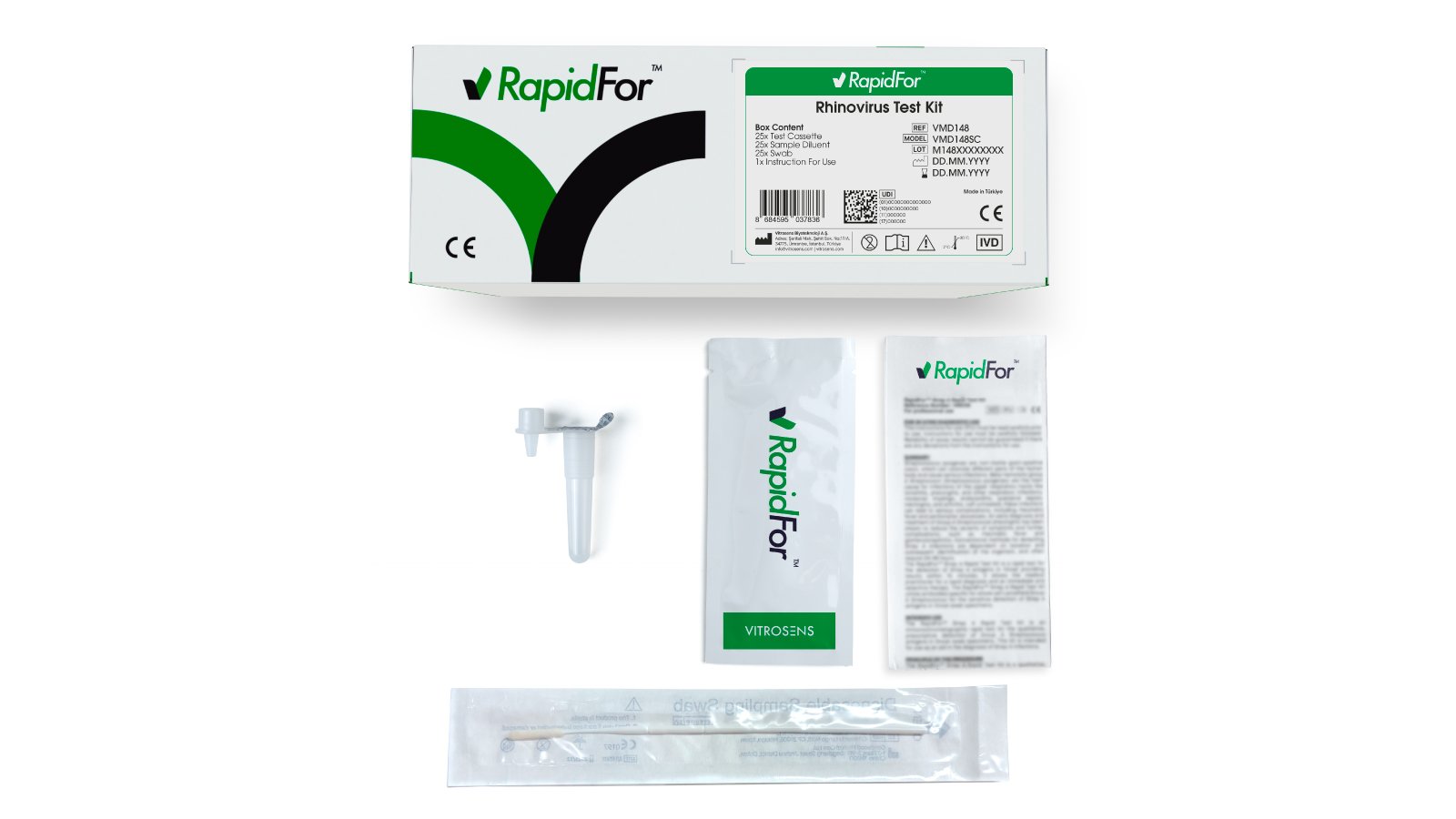 Rethinking the Common Cold: Rapid Rhinovirus Testing for Smarter Primary Care 1 Figure 1. RapidFor™ Rhinovirus Test Kit box contents, including test cassette, extraction buffer, sterile swab.