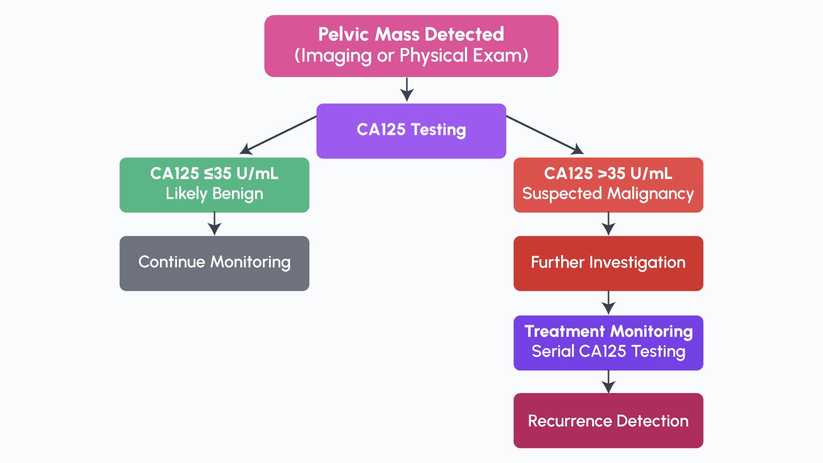 Figure 2: Clinical decision flowchart illustrating the role of CA125 testing across the ovarian cancer management pathway, from initial pelvic mass evaluation through treatment monitoring and recurrence detection