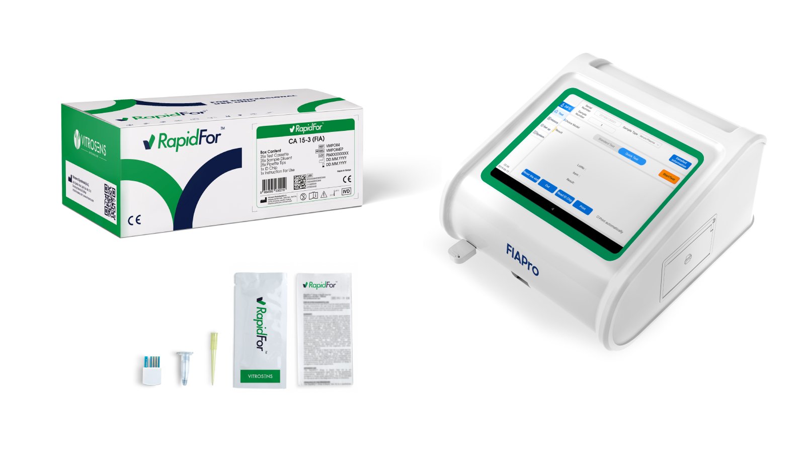 Figure 3. RapidFor™ CA125 and CA 15,3 Rapid Test Kits and their contents including test cassettes sample buffer and compatible fluorescence reader