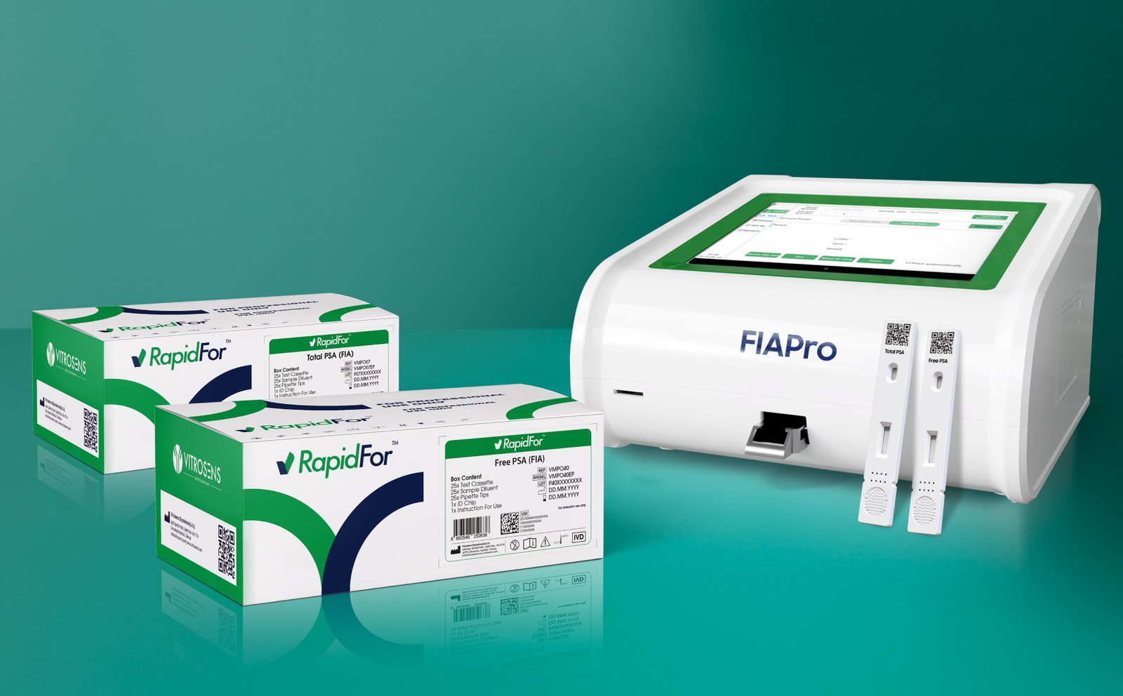 Figure 4: RapidFor™ Total PSA and Free PSA test cassettes with the FIAPro™ Analyzer System