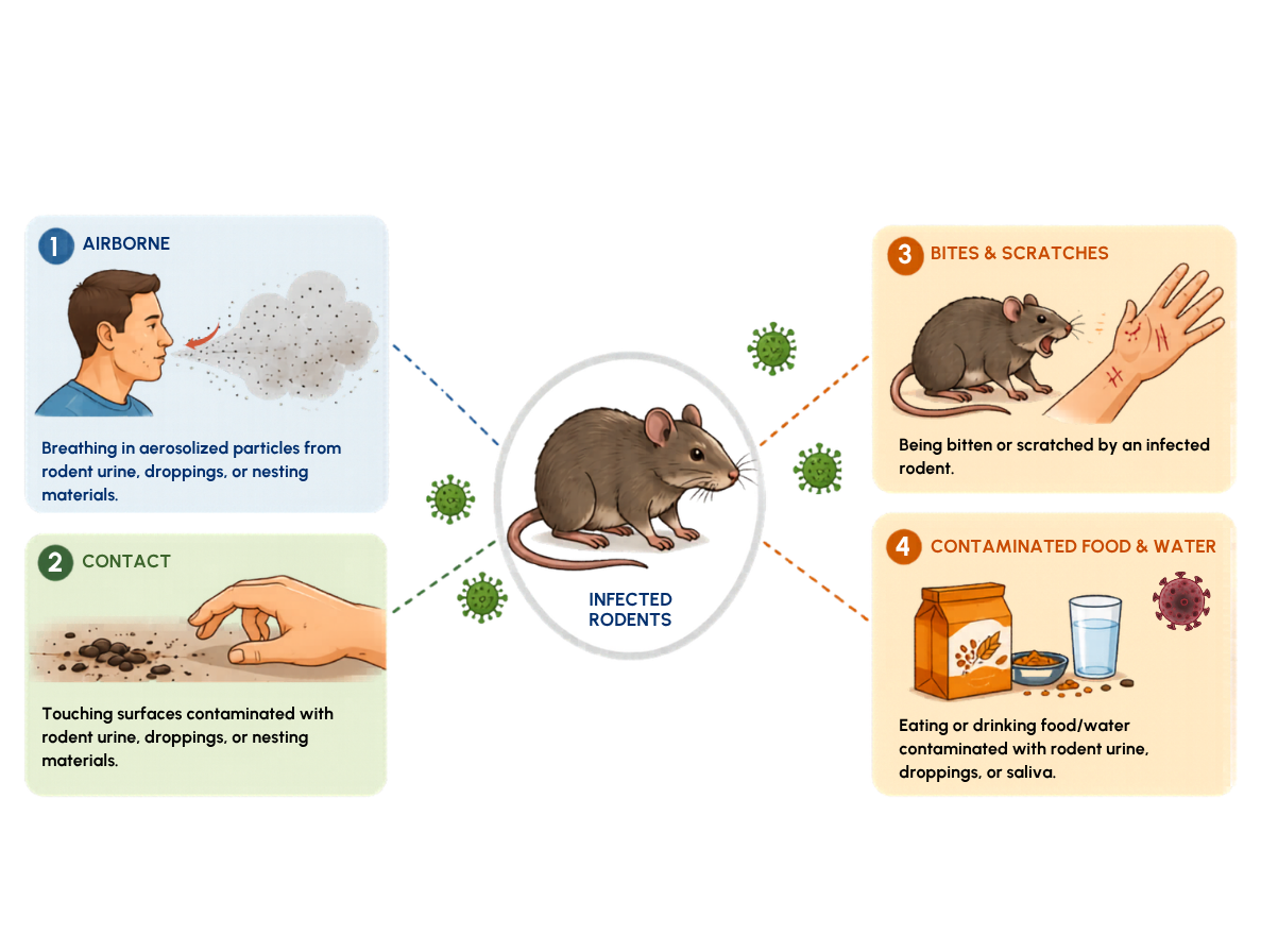 Figure 2: Main transmission routes of hantavirus from infected rodents to humans.