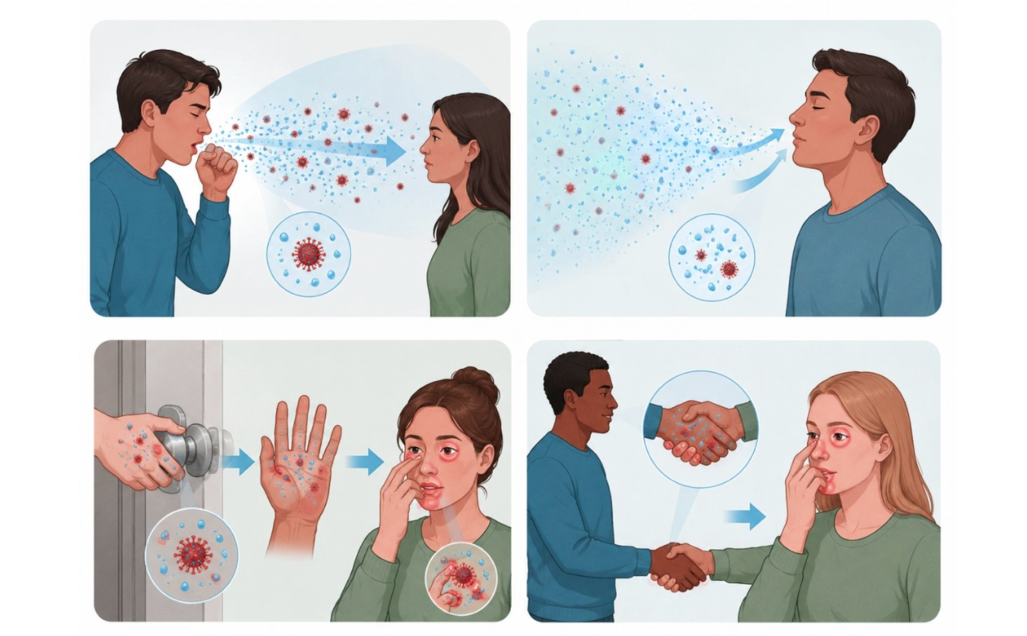 Figure 1: Respiratory viruses can spread through droplets, inhalation and contact with contaminated hands or surfaces.