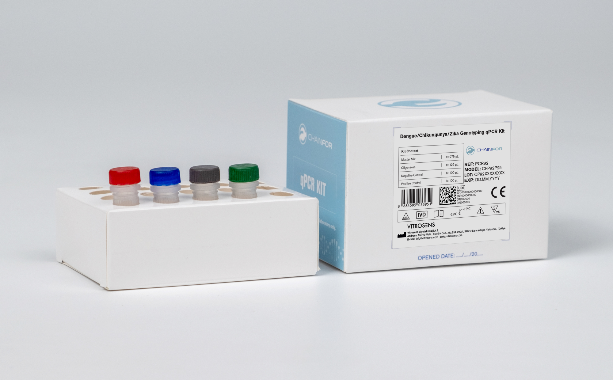Figure 2: Vitrosens ChainFor™ Dengue/Chikungunya/Zika Genotyping qPCR Kit Box Content